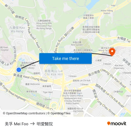 美孚 Mei Foo to 明愛醫院 map