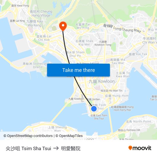 尖沙咀 Tsim Sha Tsui to 明愛醫院 map