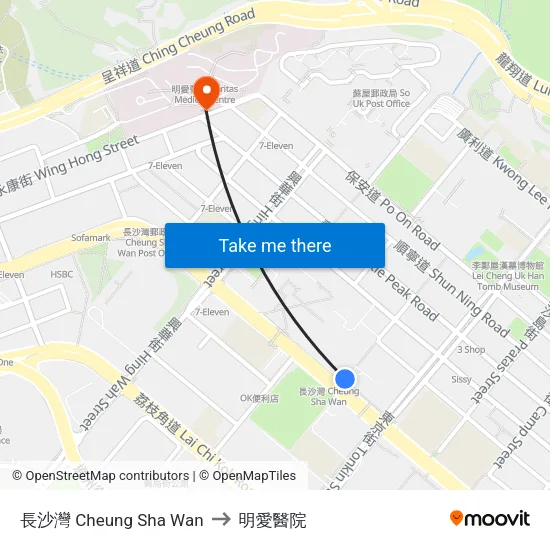 長沙灣 Cheung Sha Wan to 明愛醫院 map