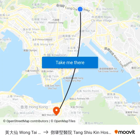黃大仙 Wong Tai Sin to 鄧肇堅醫院 Tang Shiu Kin Hospital map
