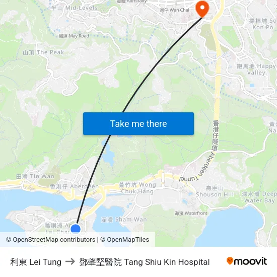 利東 Lei Tung to 鄧肇堅醫院 Tang Shiu Kin Hospital map