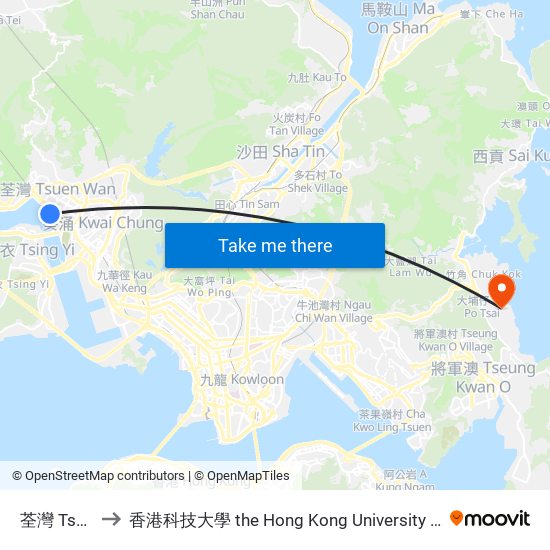 荃灣 Tsuen Wan to 香港科技大學 the Hong Kong University Of Science And Technology map