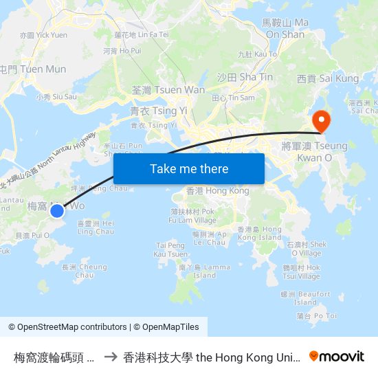 梅窩渡輪碼頭 Mui Wo Ferry Pier to 香港科技大學 the Hong Kong University Of Science And Technology map