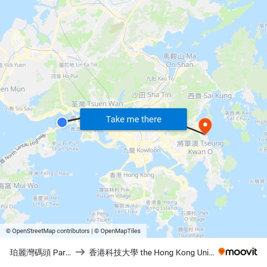 珀麗灣碼頭 Park Island Ferry Pier to 香港科技大學 the Hong Kong University Of Science And Technology map