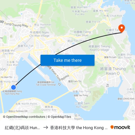 紅磡(北)碼頭 Hung Hom (North) Ferry Pier to 香港科技大學 the Hong Kong University Of Science And Technology map