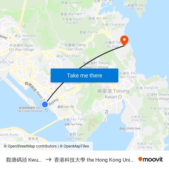 觀塘碼頭 Kwun Tong Ferry Pier to 香港科技大學 the Hong Kong University Of Science And Technology map