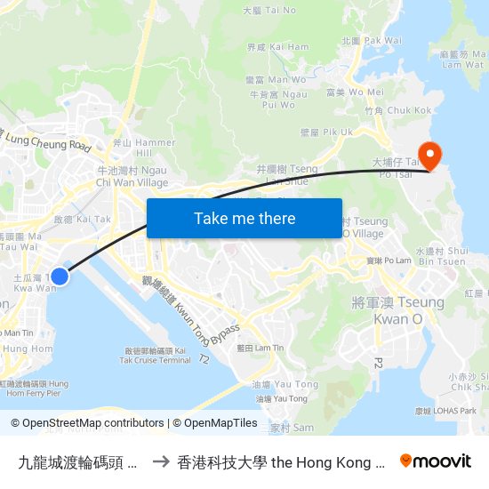 九龍城渡輪碼頭 Kowloon City Ferry Pier to 香港科技大學 the Hong Kong University Of Science And Technology map