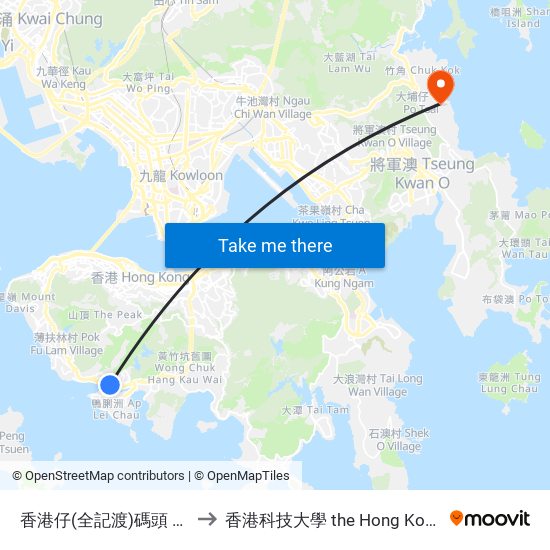 香港仔(全記渡)碼頭 Aberdeen Pier (Chuen Kee Ferry) to 香港科技大學 the Hong Kong University Of Science And Technology map