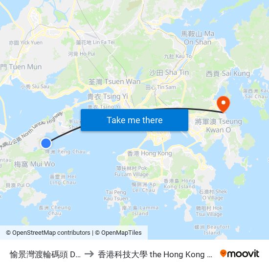 愉景灣渡輪碼頭 Discovery Bay Ferry Pier to 香港科技大學 the Hong Kong University Of Science And Technology map