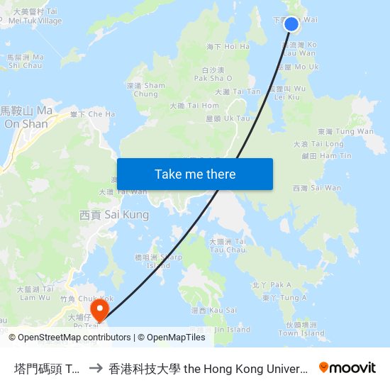 塔門碼頭 Tap Mun Pier to 香港科技大學 the Hong Kong University Of Science And Technology map