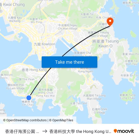 香港仔海濱公園 Aberdeen Promenade to 香港科技大學 the Hong Kong University Of Science And Technology map