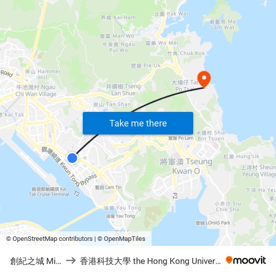 創紀之城 Millennium City to 香港科技大學 the Hong Kong University Of Science And Technology map