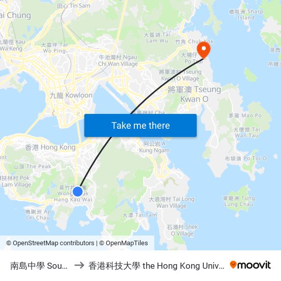南島中學 South Island School to 香港科技大學 the Hong Kong University Of Science And Technology map