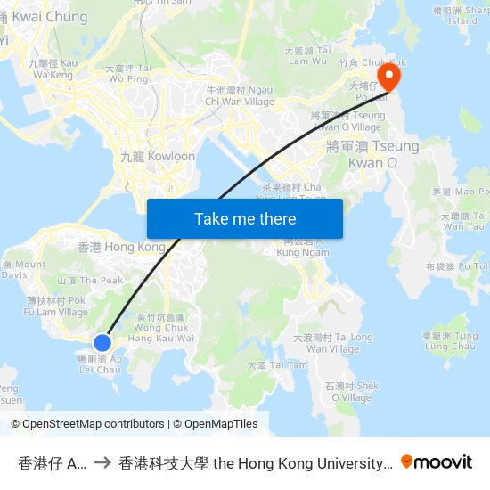 香港仔 Aberdeen to 香港科技大學 the Hong Kong University Of Science And Technology map