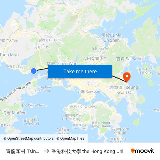 青龍頭村 Tsing Lung Tau Tsuen to 香港科技大學 the Hong Kong University Of Science And Technology map