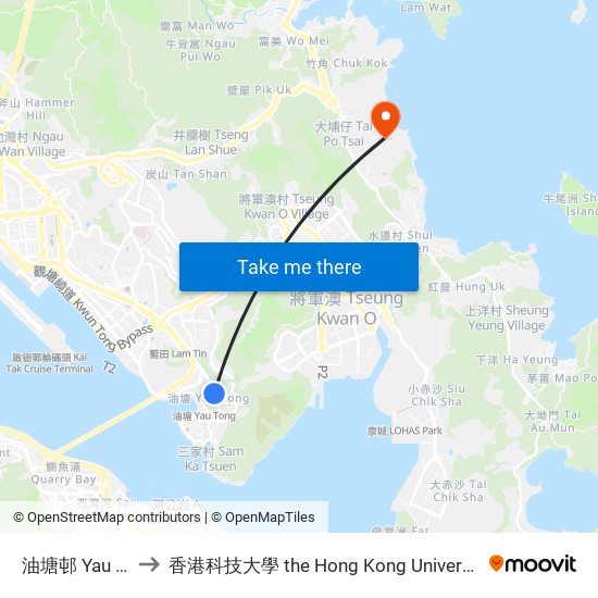 油塘邨 Yau Tong Estate to 香港科技大學 the Hong Kong University Of Science And Technology map