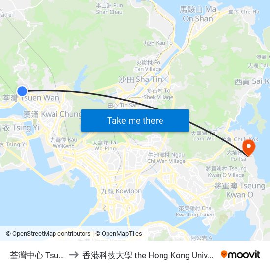 荃灣中心 Tsuen Wan Centre to 香港科技大學 the Hong Kong University Of Science And Technology map