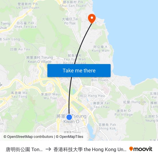 唐明街公園 Tong Ming Street Park to 香港科技大學 the Hong Kong University Of Science And Technology map