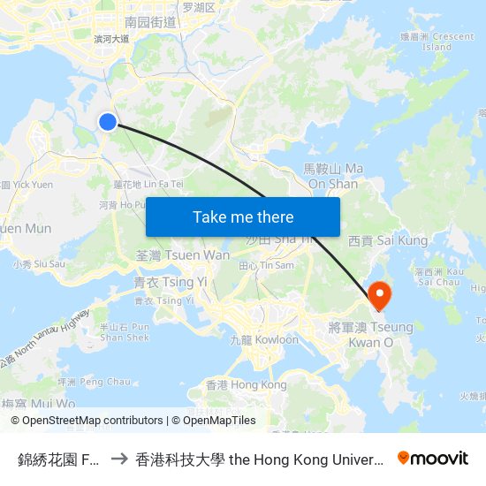 錦綉花園 Fairview Park to 香港科技大學 the Hong Kong University Of Science And Technology map