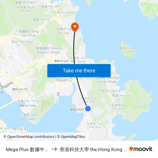 Mega Plus 數據中心 Mega Plus Data Centre to 香港科技大學 the Hong Kong University Of Science And Technology map