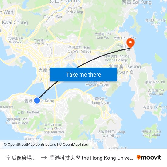 皇后像廣場 Statue Square to 香港科技大學 the Hong Kong University Of Science And Technology map