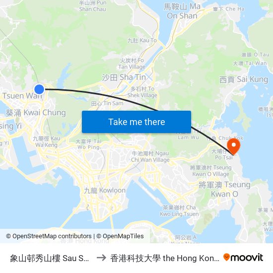象山邨秀山樓 Sau Shan House Cheung Shan Estate to 香港科技大學 the Hong Kong University Of Science And Technology map