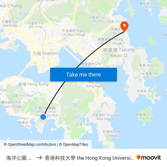 海洋公園 Ocean Park to 香港科技大學 the Hong Kong University Of Science And Technology map