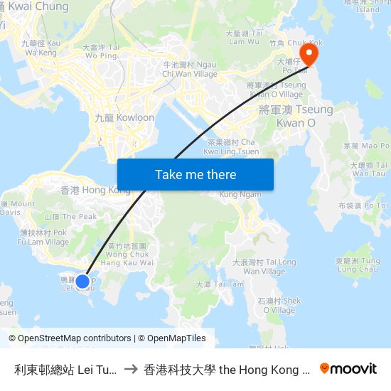 利東邨總站 Lei Tung Estate Bus Terminus to 香港科技大學 the Hong Kong University Of Science And Technology map