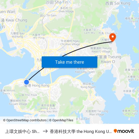 上環文娛中心 Sheung Wan Civic Centre to 香港科技大學 the Hong Kong University Of Science And Technology map