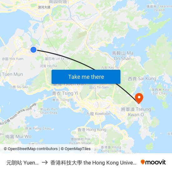 元朗站 Yuen Long Station to 香港科技大學 the Hong Kong University Of Science And Technology map