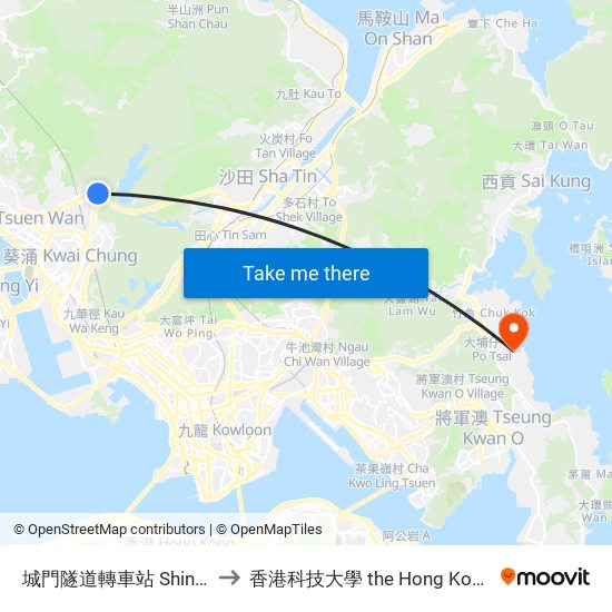 城門隧道轉車站 Shing Mun Tunnels Bus Interchange to 香港科技大學 the Hong Kong University Of Science And Technology map