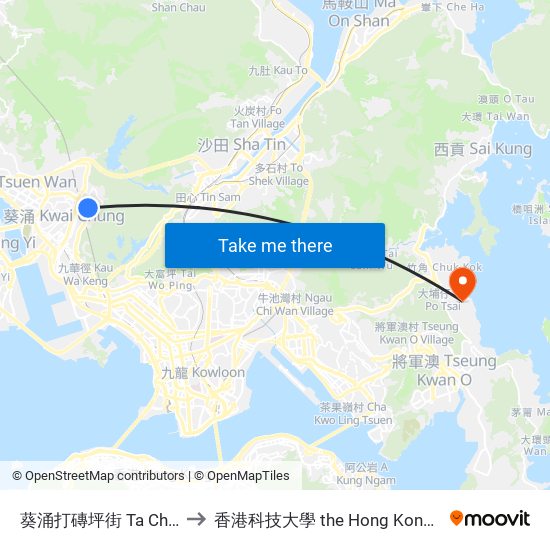 葵涌打磚坪街 Ta Chuen Ping Street Kwai Chung to 香港科技大學 the Hong Kong University Of Science And Technology map