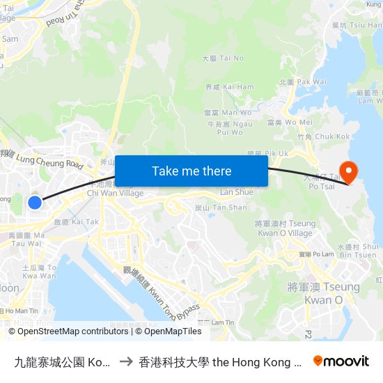 九龍寨城公園 Kowloon Walled City Park to 香港科技大學 the Hong Kong University Of Science And Technology map