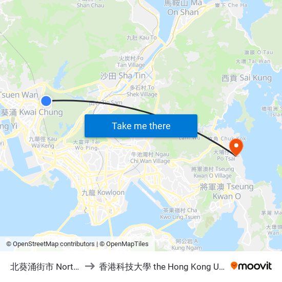 北葵涌街市 North Kwai Chung Market to 香港科技大學 the Hong Kong University Of Science And Technology map