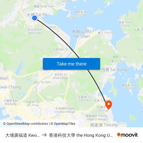 大埔廣福道 Kwong Fuk Road Tai Po to 香港科技大學 the Hong Kong University Of Science And Technology map