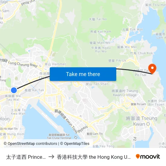 太子道西 Prince Edward Road West to 香港科技大學 the Hong Kong University Of Science And Technology map
