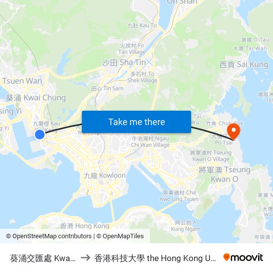 葵涌交匯處 Kwai Chung Interchange to 香港科技大學 the Hong Kong University Of Science And Technology map