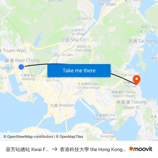 葵芳站總站 Kwai Fong Station Bus Terminus to 香港科技大學 the Hong Kong University Of Science And Technology map