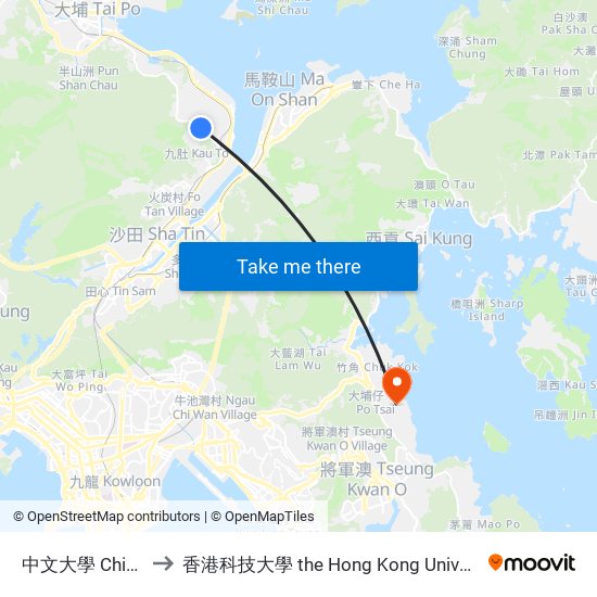 中文大學 Chinese University to 香港科技大學 the Hong Kong University Of Science And Technology map