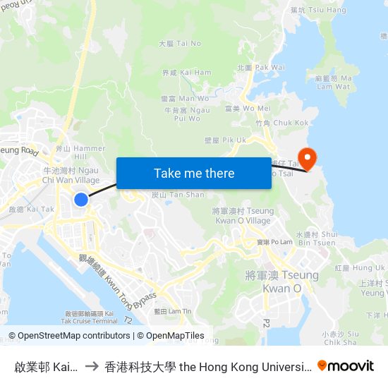 啟業邨 Kai Yip Estate to 香港科技大學 the Hong Kong University Of Science And Technology map