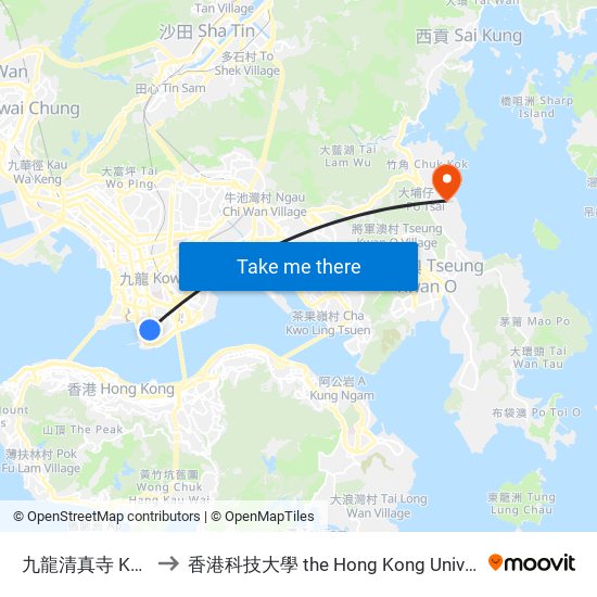 九龍清真寺 Kowloon Mosque to 香港科技大學 the Hong Kong University Of Science And Technology map