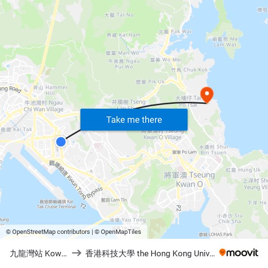 九龍灣站 Kowloon Bay Station to 香港科技大學 the Hong Kong University Of Science And Technology map