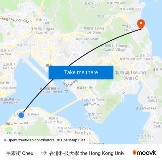 長康街 Cheung Hong Street to 香港科技大學 the Hong Kong University Of Science And Technology map