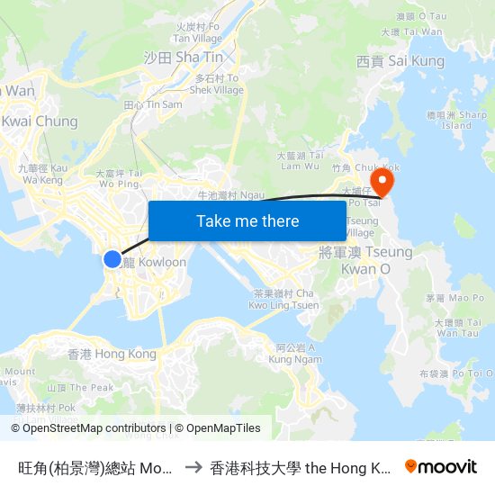 旺角(柏景灣)總站 Mong Kok (Park Avenue) Bus Terminus to 香港科技大學 the Hong Kong University Of Science And Technology map