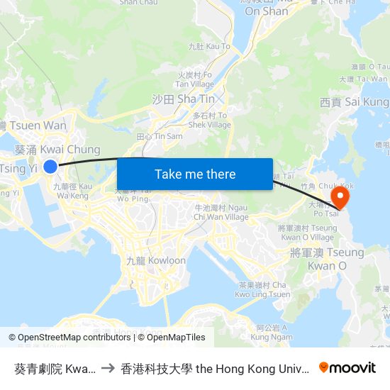 葵青劇院 Kwai Tsing Theatre to 香港科技大學 the Hong Kong University Of Science And Technology map