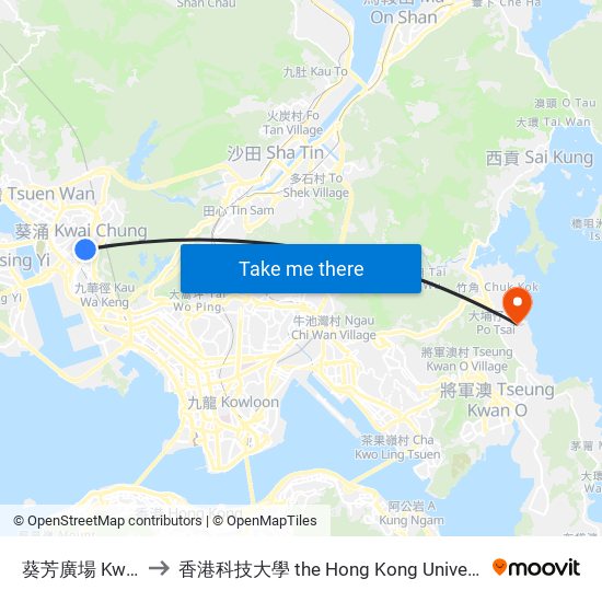 葵芳廣場 Kwai Fong Plaza to 香港科技大學 the Hong Kong University Of Science And Technology map