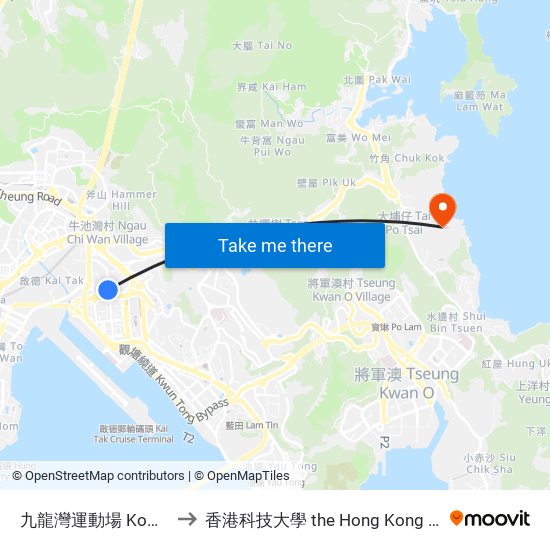 九龍灣運動場 Kowloon Bay Sports Ground to 香港科技大學 the Hong Kong University Of Science And Technology map