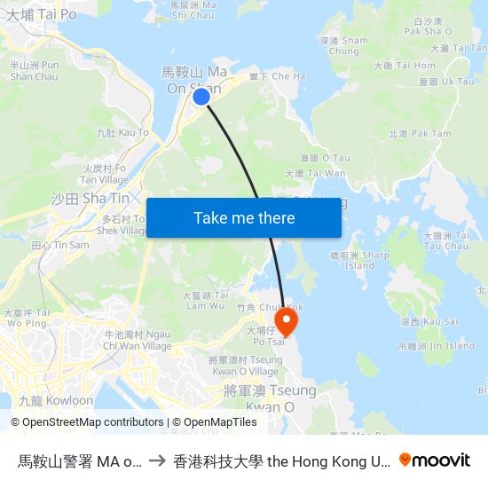 馬鞍山警署 MA on Shan Police Station to 香港科技大學 the Hong Kong University Of Science And Technology map