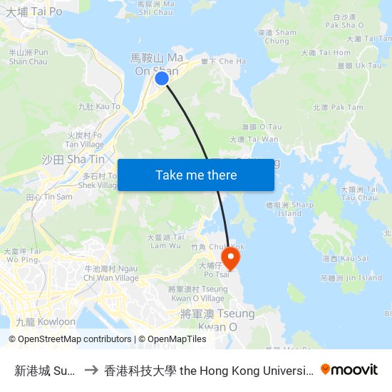 新港城 Sunshine City to 香港科技大學 the Hong Kong University Of Science And Technology map