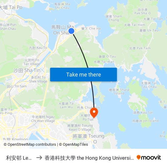 利安邨 Lee on Estate to 香港科技大學 the Hong Kong University Of Science And Technology map